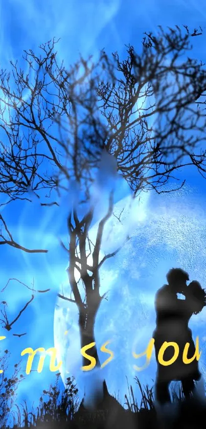 Romantic silhouette wallpaper with blue tones and a couple's kiss under a tree.