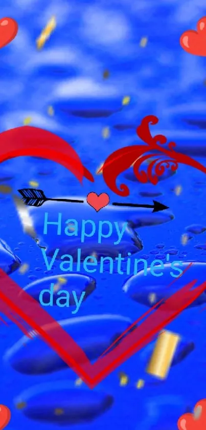 Valentine's Day wallpaper with blue droplets and red hearts.