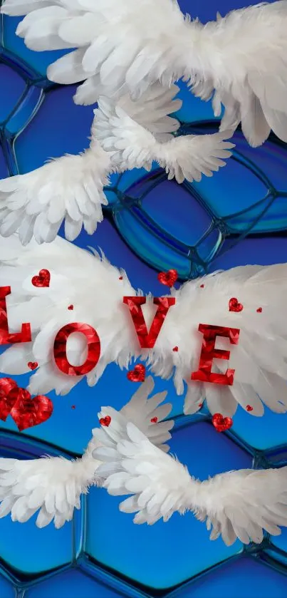 Blue wallpaper with white wings and red hearts spelling LOVE.