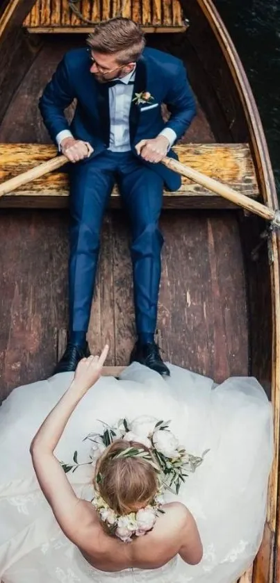 Romantic couple in a wooden boat on a serene river.