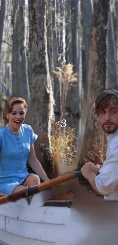 Couple enjoying romantic boat ride in serene forest.