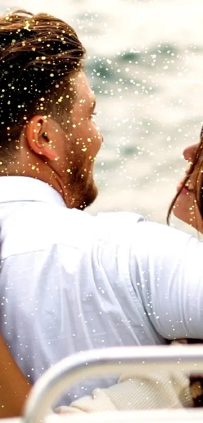 Couple embracing on a serene boat ride.