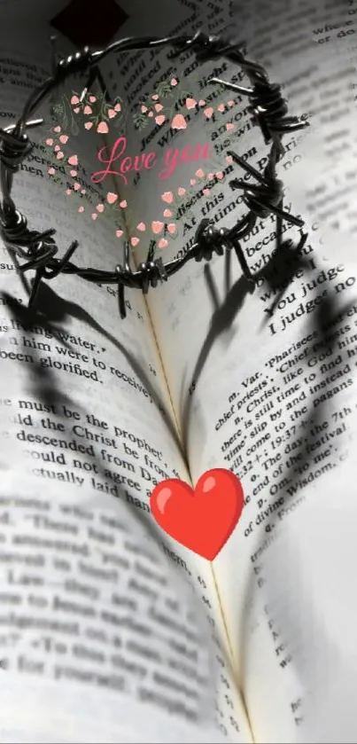 Heart-shaped shadow on open book with love message.