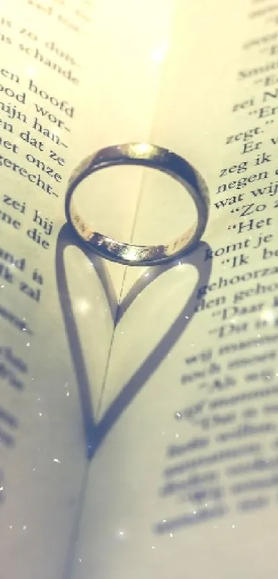 Ring casts a heart shadow on open book pages, creating a romantic visual.