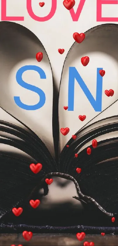 Romantic heart-shaped book pages with LOVE SN text.