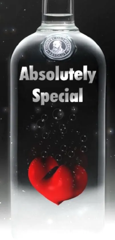 Romantic mobile wallpaper with a bottle and red heart design on a black background.