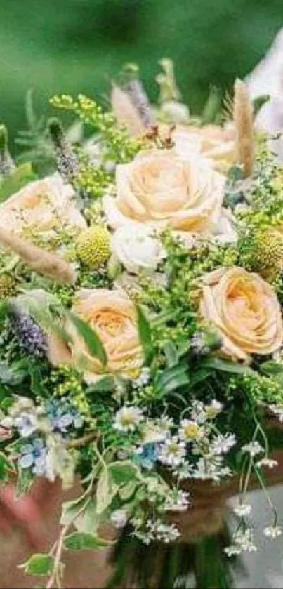 Elegant bridal bouquet with lush roses and greenery.