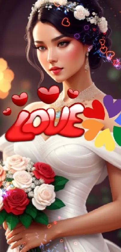 Beautiful bride with bouquet and 'love' text on mobile wallpaper.