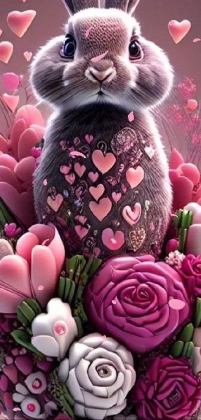 Charming bunny with pink hearts and flowers in a romantic design.