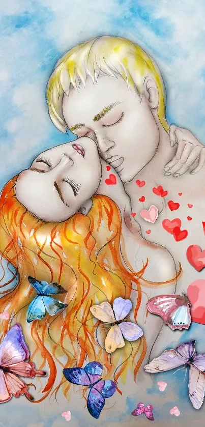 Romantic couple with butterflies and hearts, artistic wallpaper.