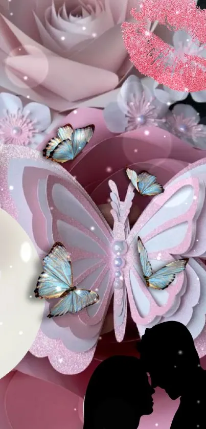 Romantic butterfly and floral design mobile wallpaper with pink tones.