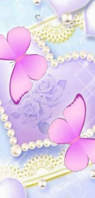 Mobile wallpaper with purple hearts and pink butterflies, featuring elegant designs.