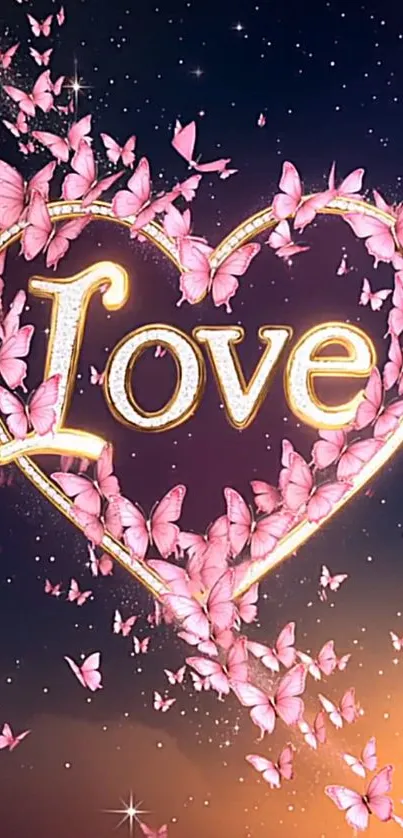 Romantic mobile wallpaper with butterflies forming a heart and 'Love' text.