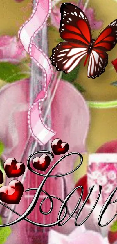 Romantic wallpaper with butterfly, roses, and love text.