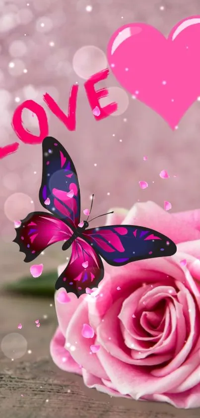 Romantic wallpaper with pink rose and butterfly