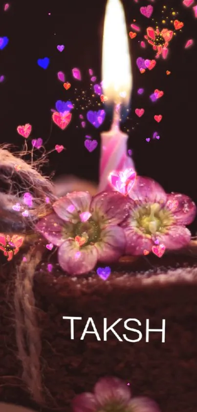 Romantic cake wallpaper with glowing candle and pink flowers.