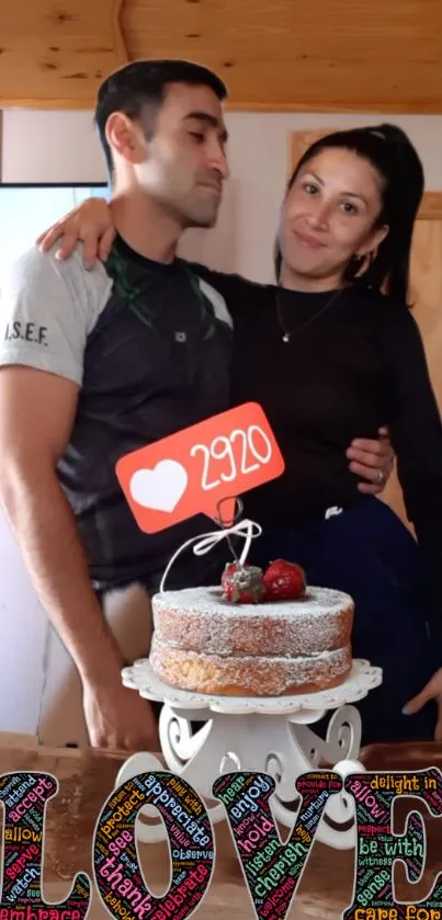 Romantic couple with cake in cozy setting.