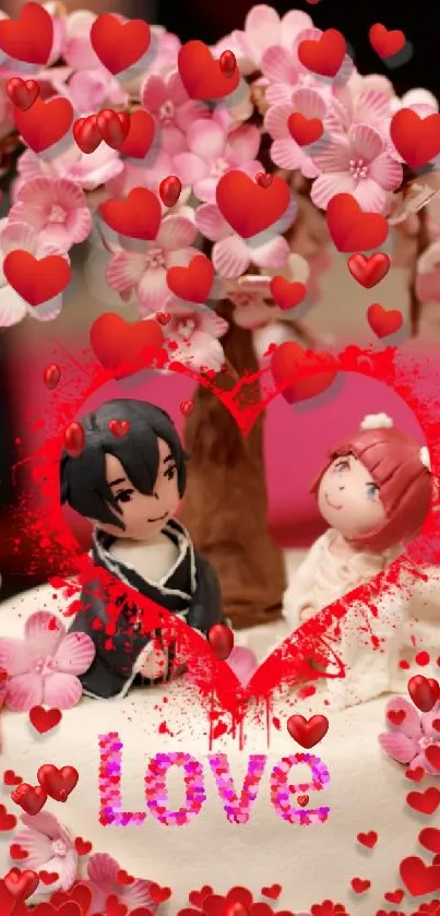 Romantic cake with heart decorations and cute figures in a love theme.