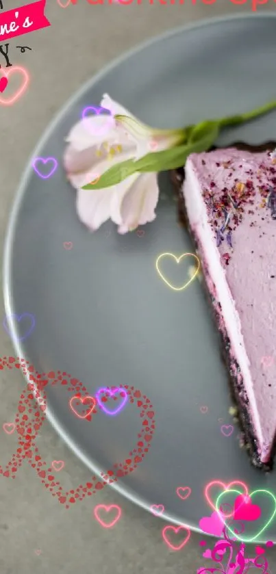 Pink cake slice with flower on Valentine's wallpaper.