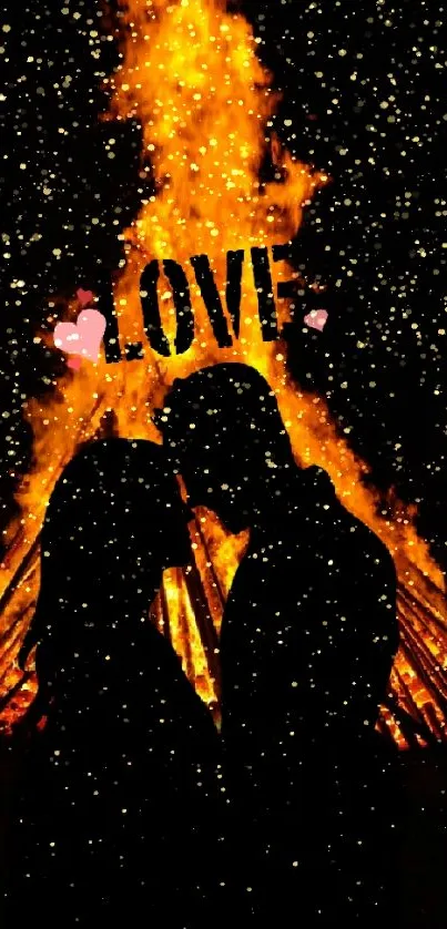 Silhouette of a couple by a blazing campfire, expressing love.