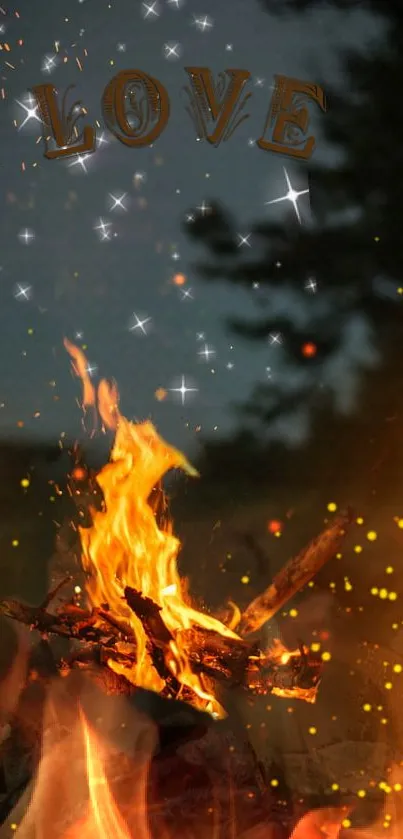 Romantic campfire with stars and 'Love' text.