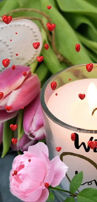 Romantic candle and pink flowers with hearts wallpaper.