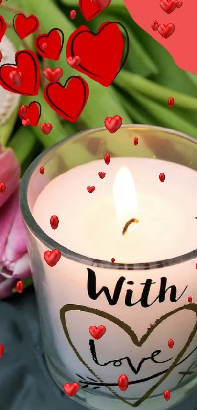 Romantic wallpaper with candle, hearts, and tulips in red and pink hues.