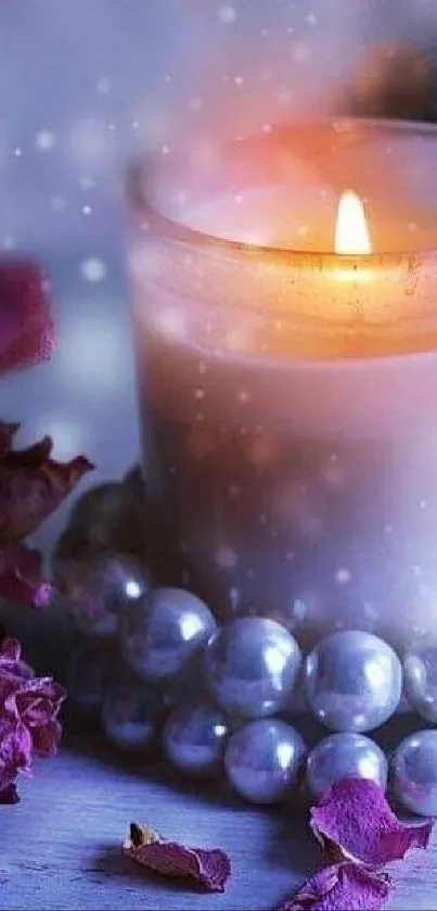 Romantic candle surrounded by flowers and pearls wallpaper.