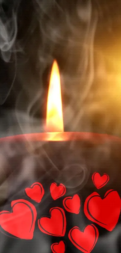 Candle with red hearts and mystical warm glow mobile wallpaper.