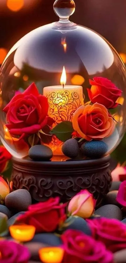 Romantic candlelit scene with roses and glowing ambiance.