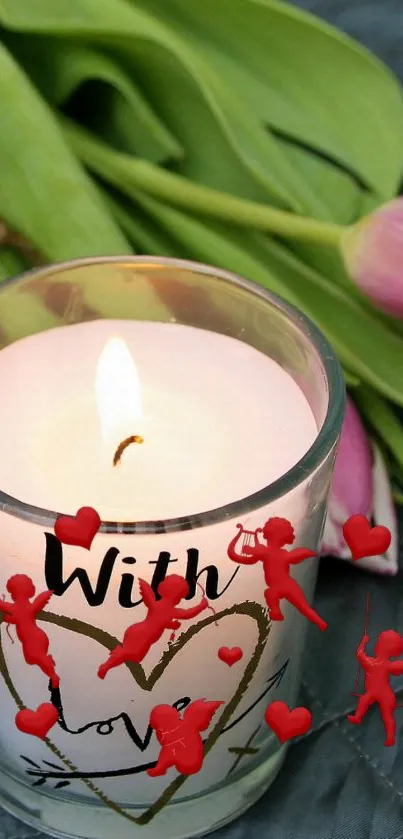 Romantic candle with red cherubs and tulips.