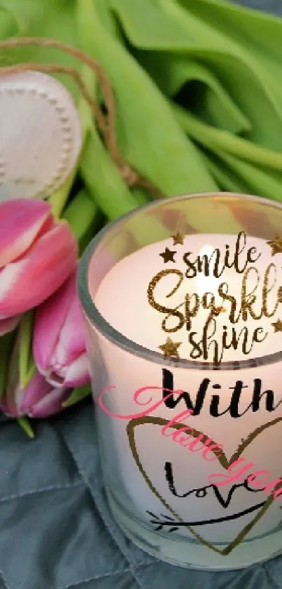 Romantic mobile wallpaper with tulips and a candle.