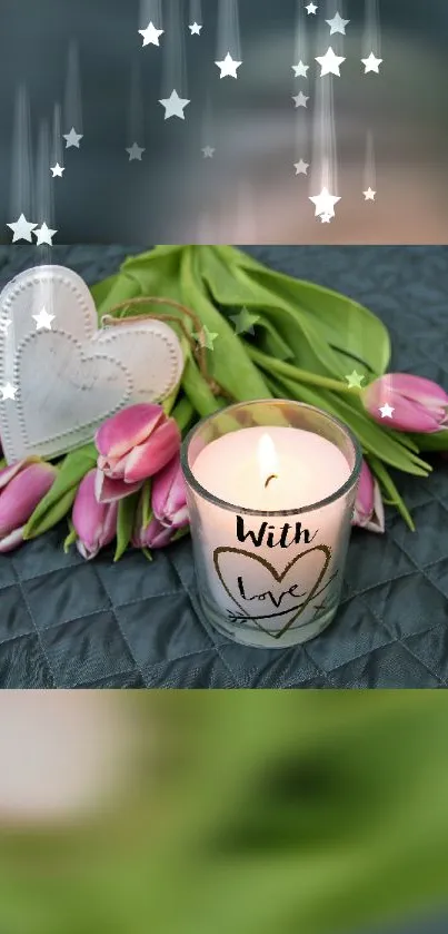 Romantic candle with pink tulips and stars on a textured background.