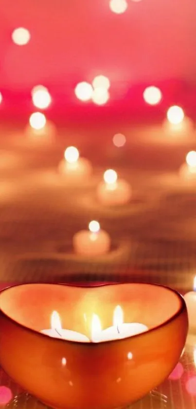 Romantic candle light in warm pink glow.