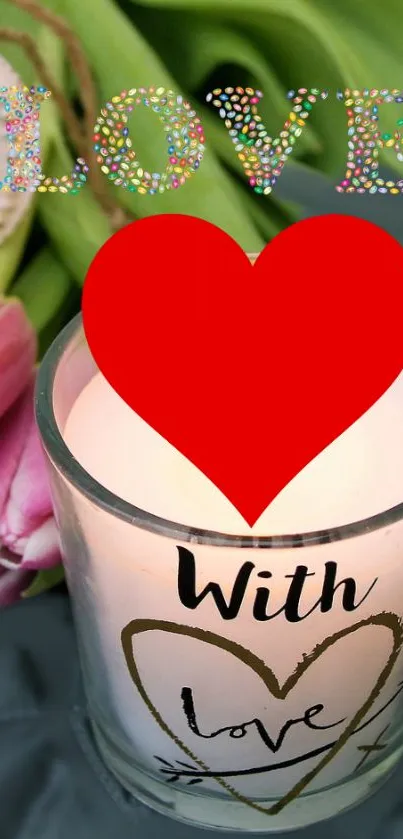 Romantic candle with red heart and tulips mobile wallpaper.