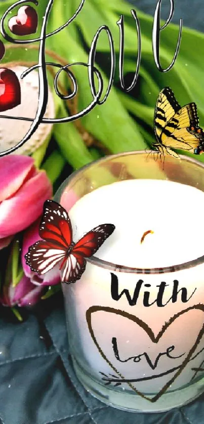 Candle with pink tulips and butterflies for a romantic ambiance.