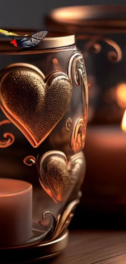 Romantic candle holder with heart design and warm glow.