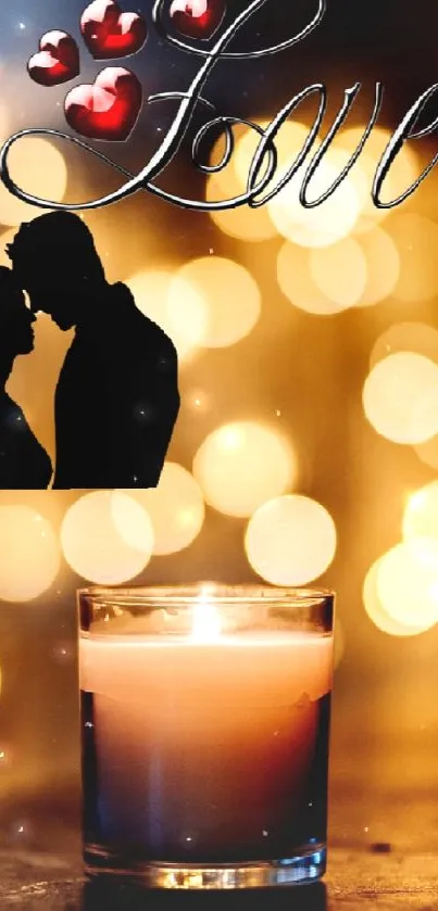 Romantic candlelit wallpaper with silhouette couple and love text.