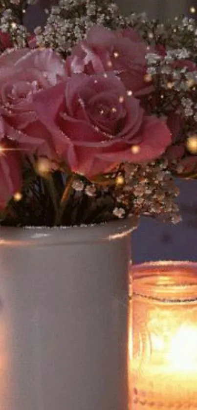 Pink roses and candlelight in vase scene.