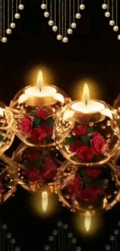 Candlelight reflections with rose accents in an elegant mobile wallpaper.