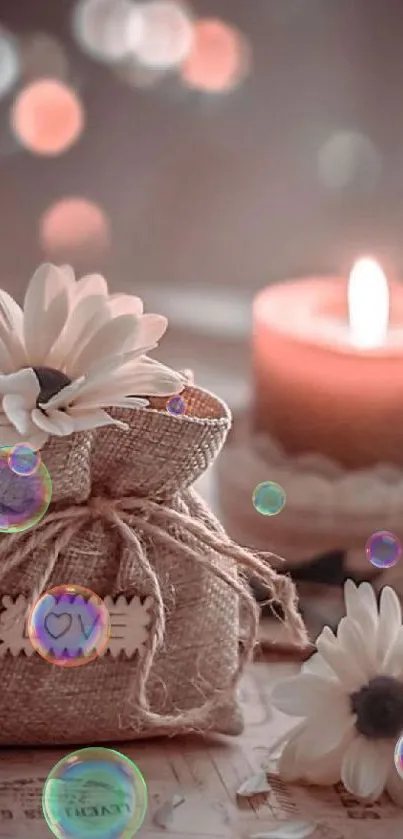 Romantic candlelight with flowers and burlap.