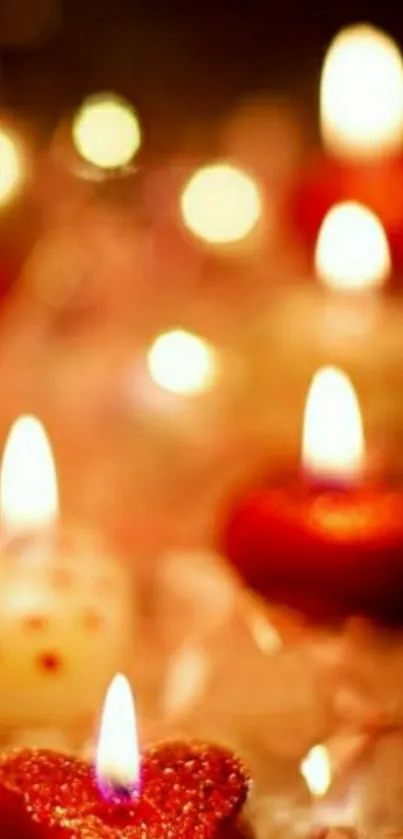 Heart-shaped candles in soft focus with warm, glowing light.