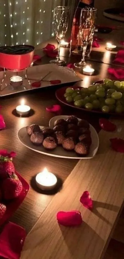 Romantic candlelit dinner setting with wine glasses and rose petals.