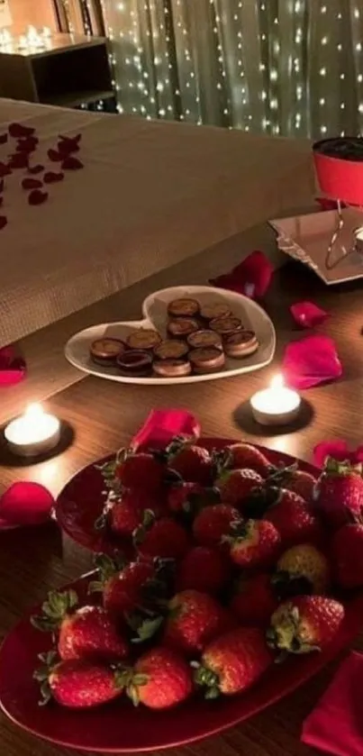 Candlelit table with strawberries and romantic decor.