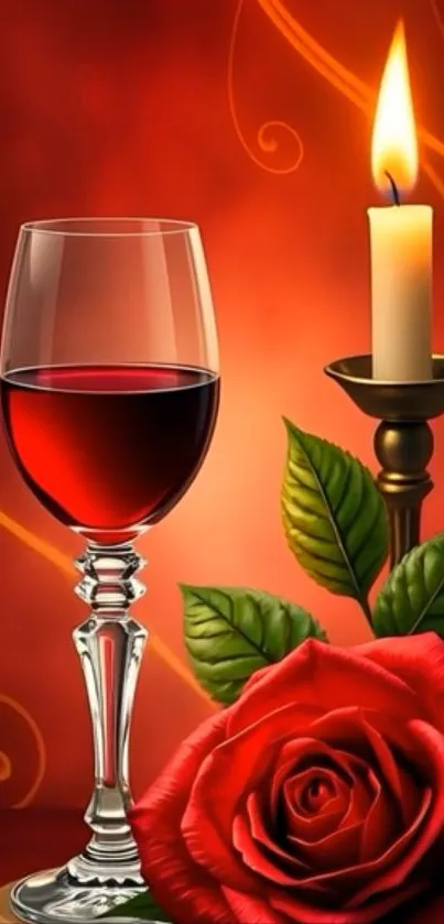 Romantic wallpaper with candle, wine, and rose.