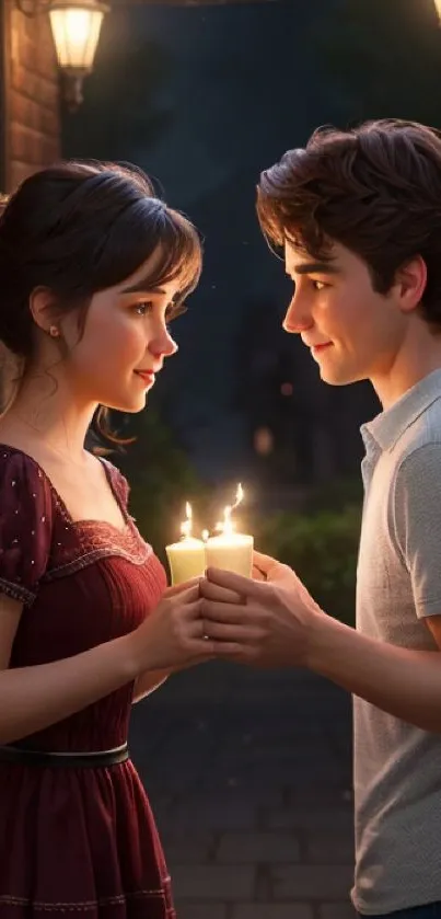 Couple enjoying a romantic candlelit evening under street lights in an alley.