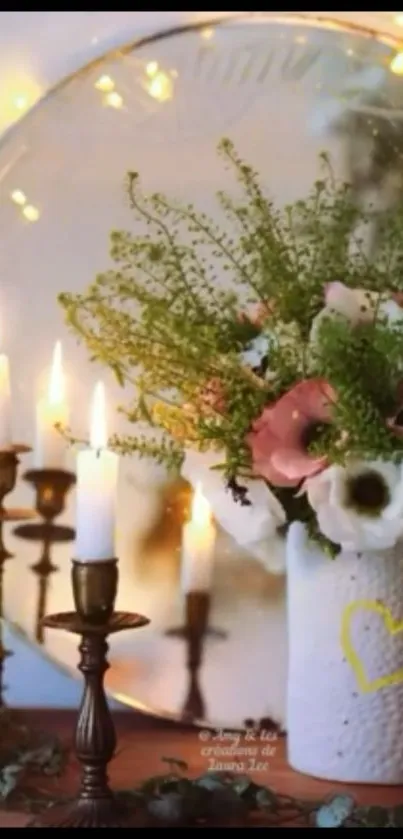 Candlelit floral scene with vintage decor and soft lighting for a serene wallpaper.