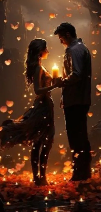 Romantic couple in candlelit setting with heart-shaped petals floating around.