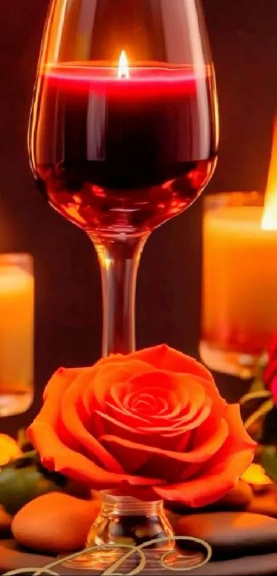 Romantic setting with wine, candles, and roses.