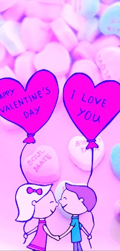 Romantic pastel candy heart wallpaper with love messages.